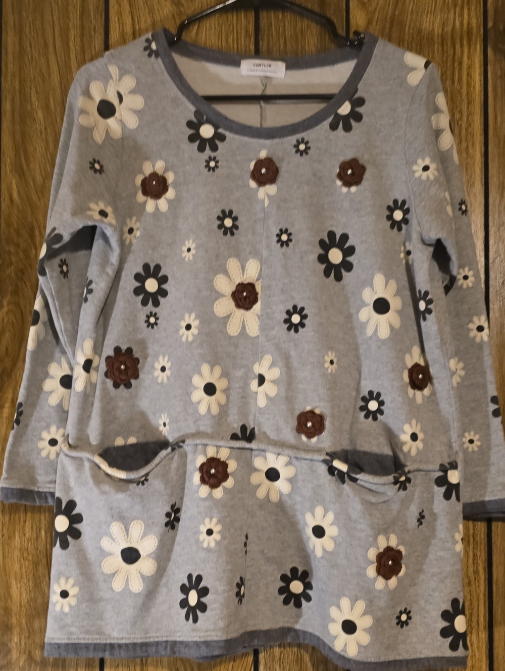 Floral Appliqué Grey Tunic Sweater